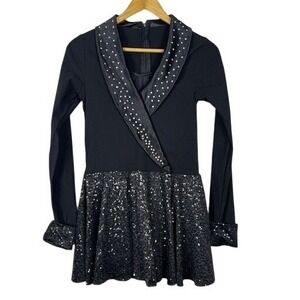 Weissman‎ Black Rhinestone Sparkle Dance Dress Costume Long Sleeve Lapel Collar